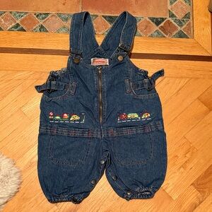 Vintage Foxmoor short Denim Kids Overalls - Blue with Embroidered Cars